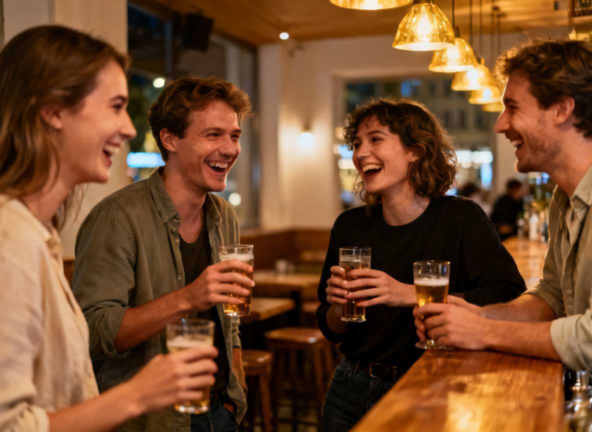Freunde beim Bar-Hopping abends in der Stuttgarter Stadtmitte