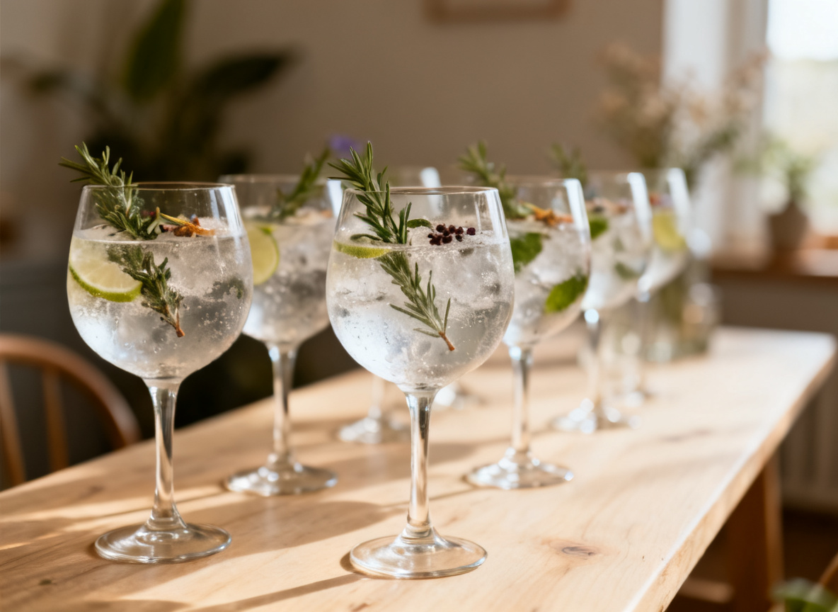 Gin-Tasting in Stuttgart: aufgereihte Gin-Gläser mit Tonic und Botanicals