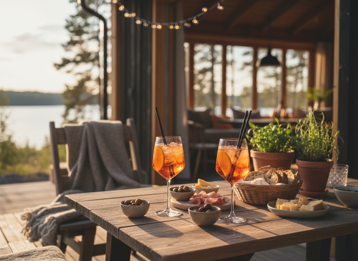 Zwei Aperol Spritz auf einem Tisch im Außenbereich mit kleinen Snacks, Aperitivo-Stimmung am Sommerabend