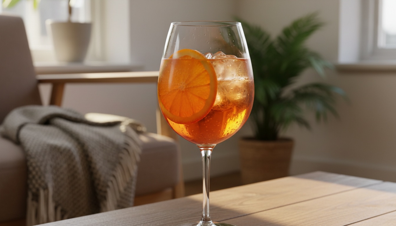 Aperol Spritz Rezept im Weinglas mit Orangenscheibe und Eis, leuchtend orange im Sonnenlicht