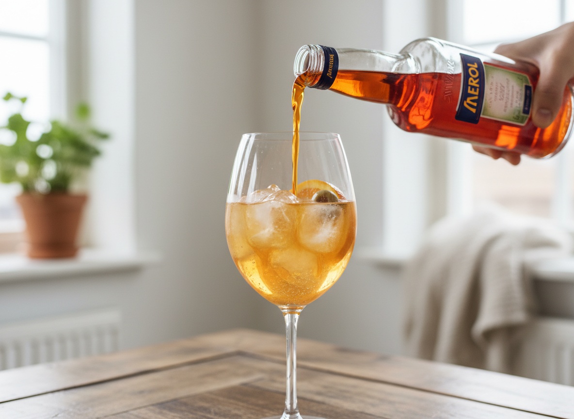 Aperol wird über Eiswürfel in ein Weinglas mit Prosecco gegossen, Aperol Spritz Zubereitung Schritt für Schritt