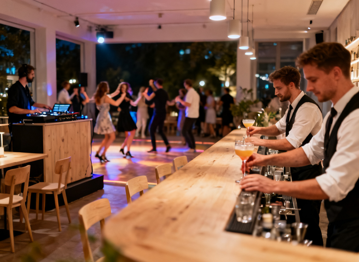 DJ-Abend in einer Stuttgarter Bar mit tanzendem Publikum und Cocktails