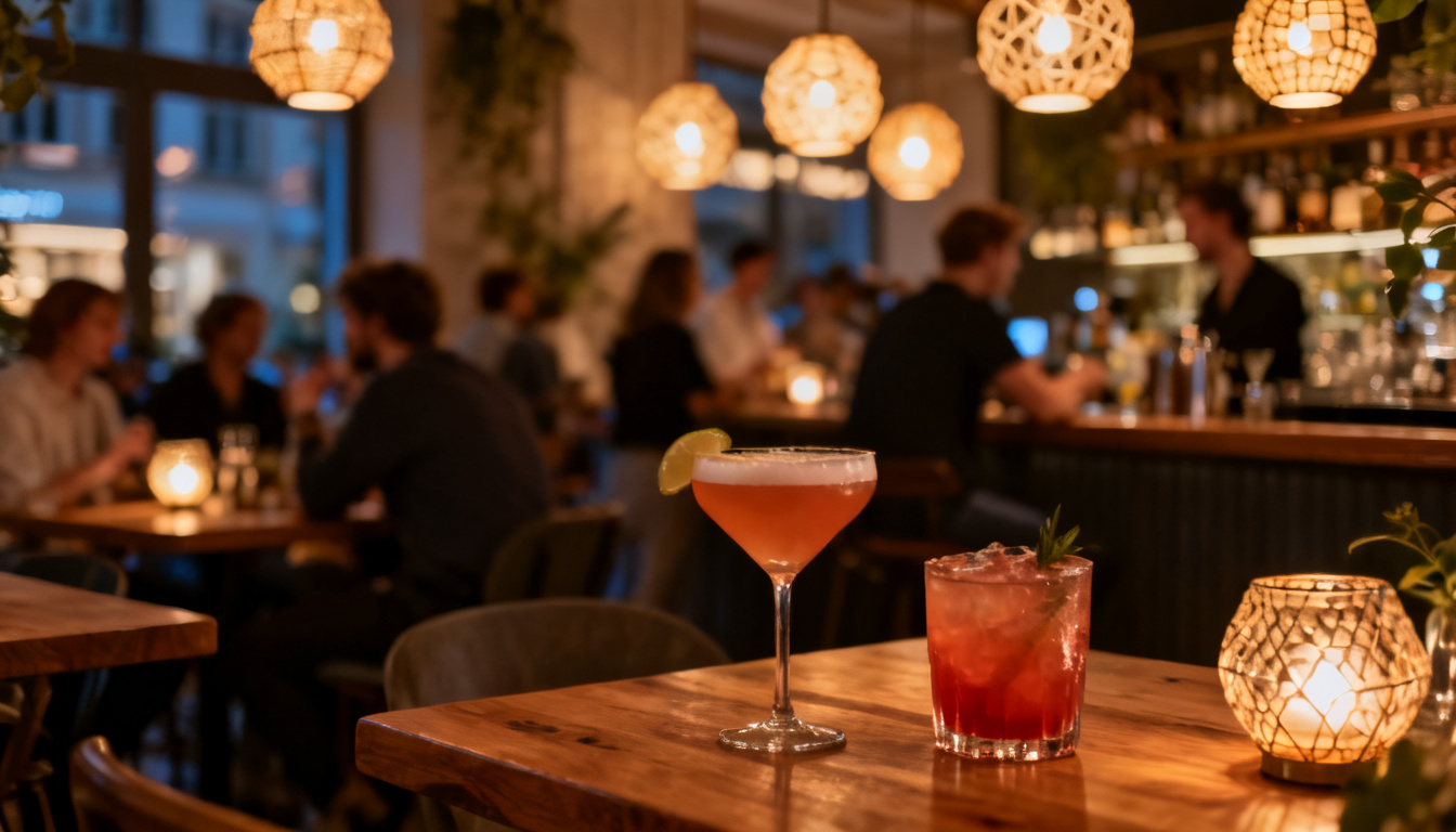 Ausgehen in Stuttgart: belebte Bar mit Cocktails und warmem Licht am Abend