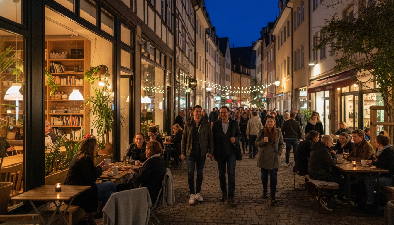 Ausgehviertel in Stuttgart – belebte Straße mit Bars und Cafés am Abend im Talkessel
