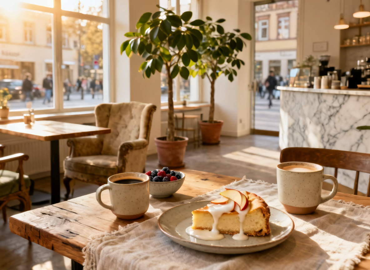 Bar in der Nähe Stuttgart – Café-Bereich des Huginn am Tag mit Kaffee und Kuchen an der Calwer Straße