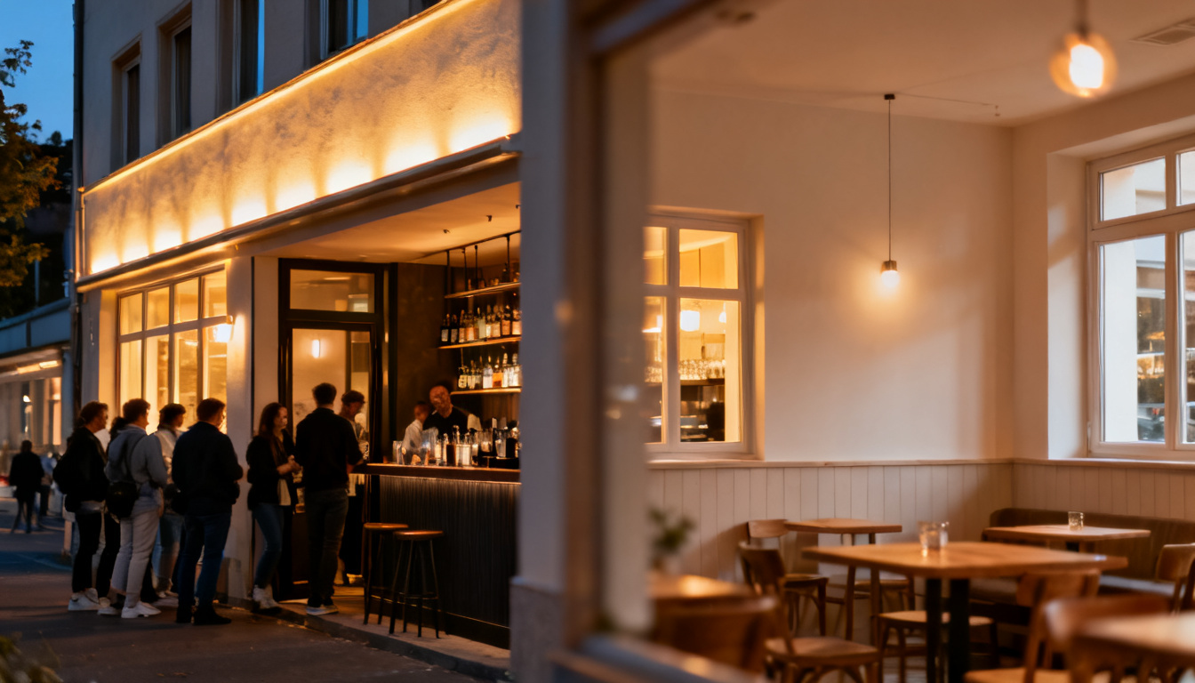 Bar in der Nähe Stuttgart – beleuchtete Bar an der Calwer Straße am Abend mit Gästen vor dem Eingang