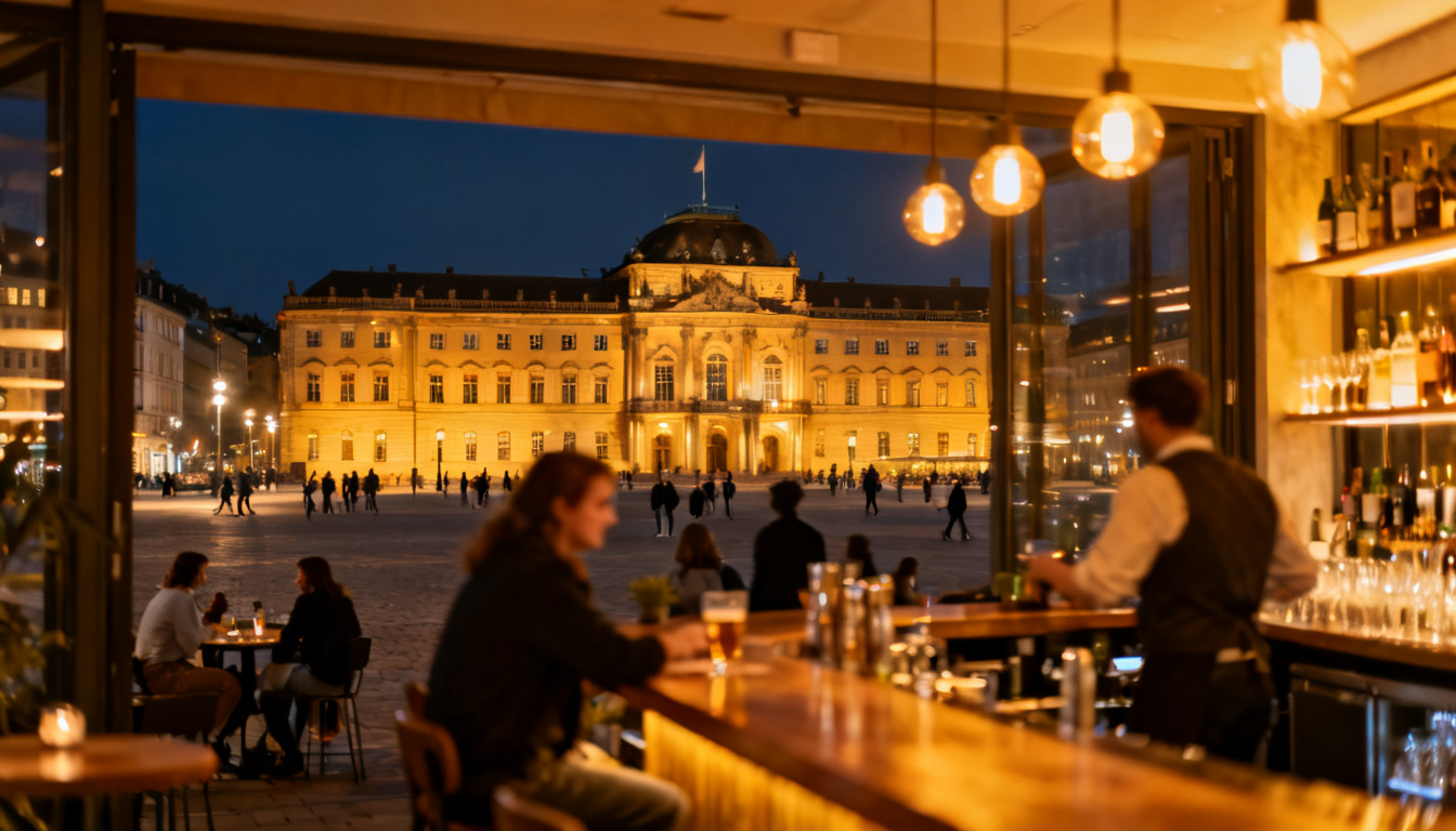 Bars am Schlossplatz Stuttgart – beleuchtetes Neues Schloss am Abend mit Menschen