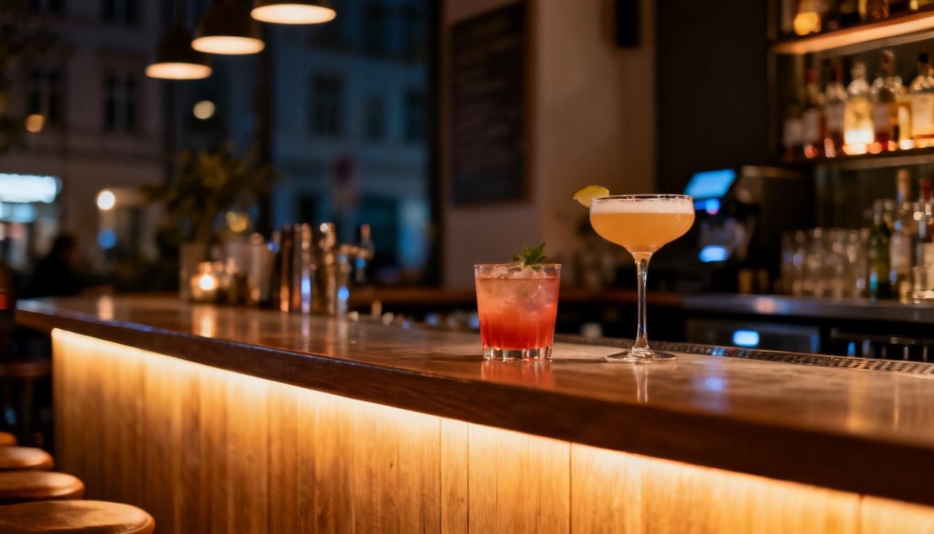 Bars in Stuttgart bei Nacht – beleuchtete Bar-Theke mit Cocktails in der Calwer Straße