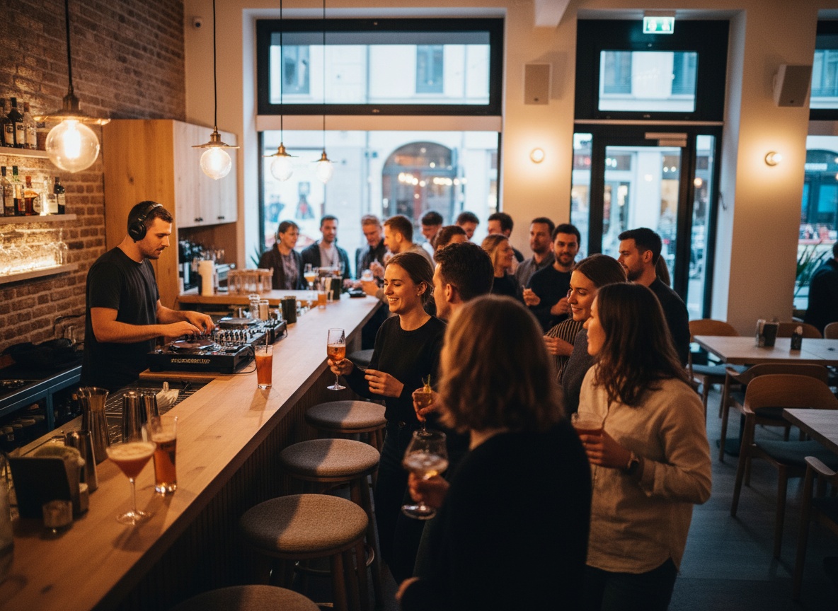 Bars zum Tanzen Stuttgart – Live-DJ legt auf, Gäste tanzen mit Drinks im Huginn an der Calwer Straße