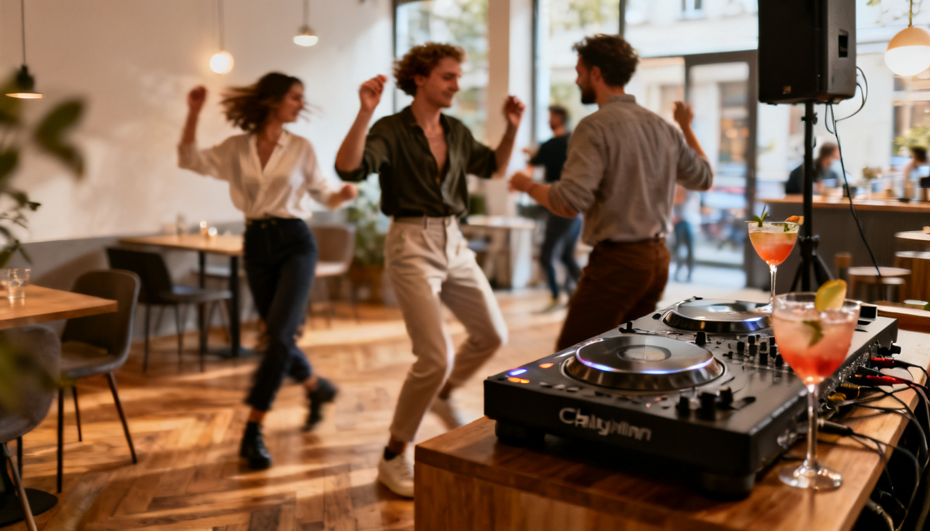 Bars zum Tanzen Stuttgart – tanzende Gäste vor dem DJ-Pult mit Cocktails im Huginn an der Calwer Straße