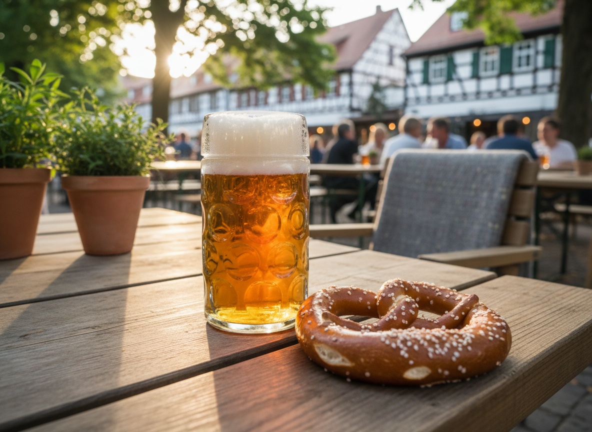 Maßkrug Bier und Brezel auf einem Holztisch in einem Biergarten in Stuttgart