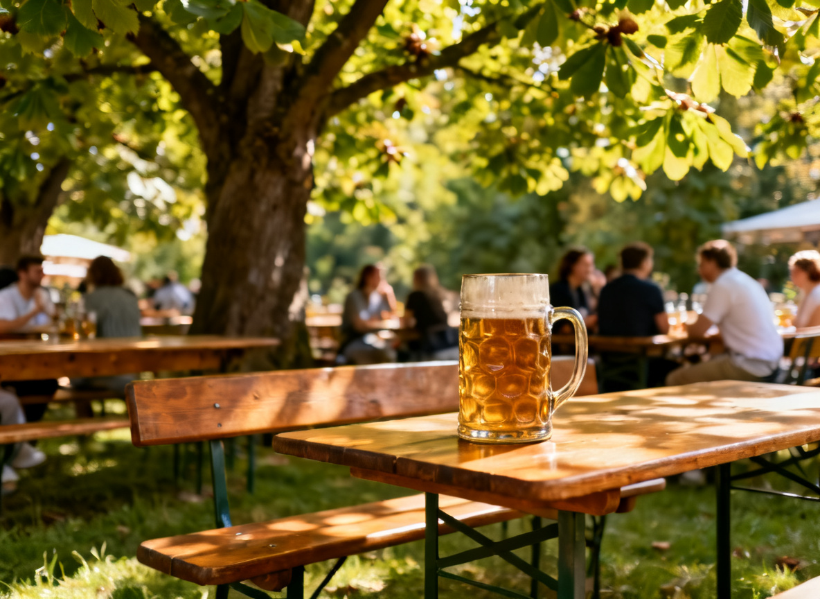 Biergarten in Stuttgart unter Kastanienbäumen mit Bänken und Maßkrügen im Sommer