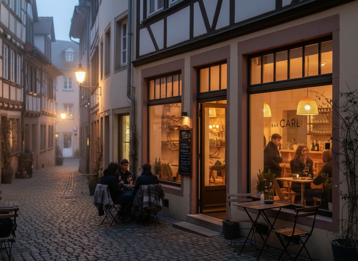 Bars im Bohnenviertel Stuttgart mit historischen Gassen und alten Fachwerkhäusern am Abend