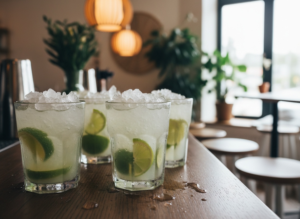 Mehrere Caipirinhas mit Limetten und Crushed Ice auf einer Bartheke, sommerliche Bar-Stimmung