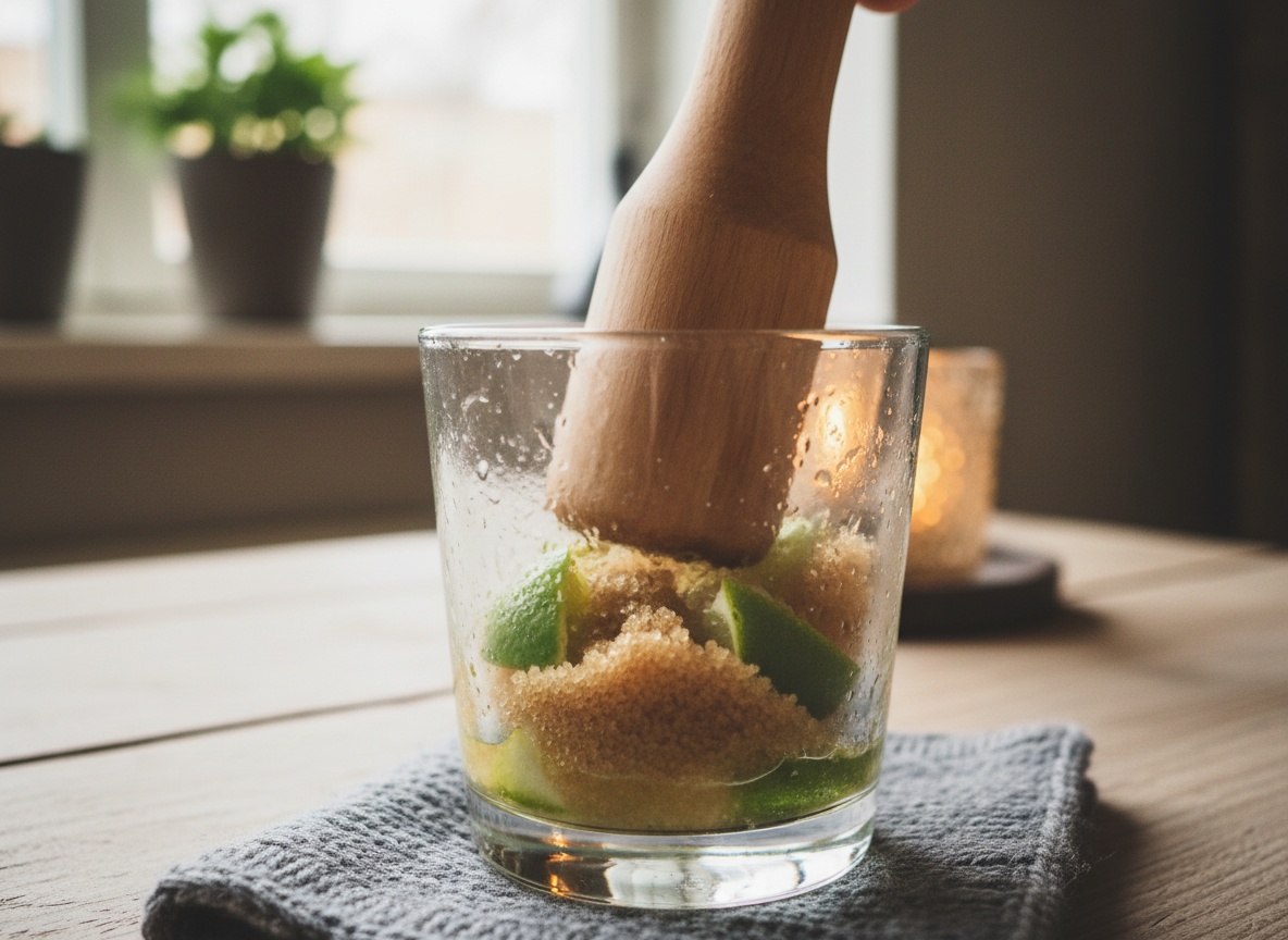 Limettenstücke und Rohrzucker werden im Tumbler mit einem Stößel angedrückt, Caipirinha Zubereitung