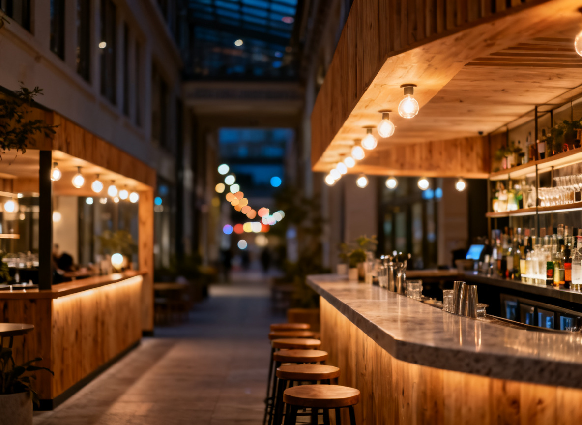Calwer Passage in Stuttgart am Abend mit beleuchteten Bars