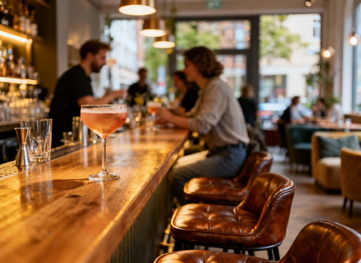 Bar-Szene in Stuttgart-Mitte mit Gästen an der Theke und Cocktails im Vordergrund