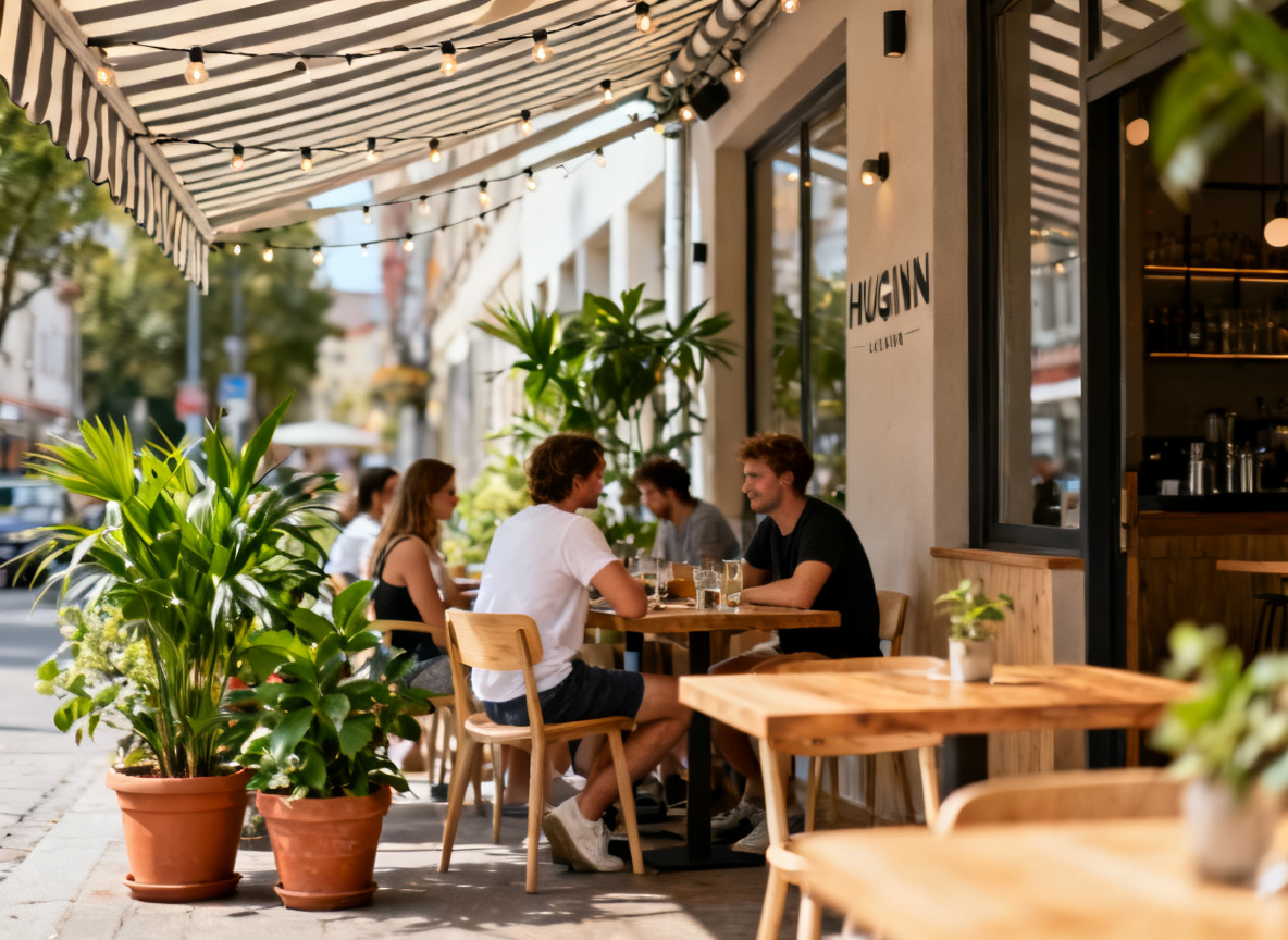 Cocktailbar Stuttgart-Mitte – Außenbereich des Huginn an der Calwer Straße im Sommer mit Gästen