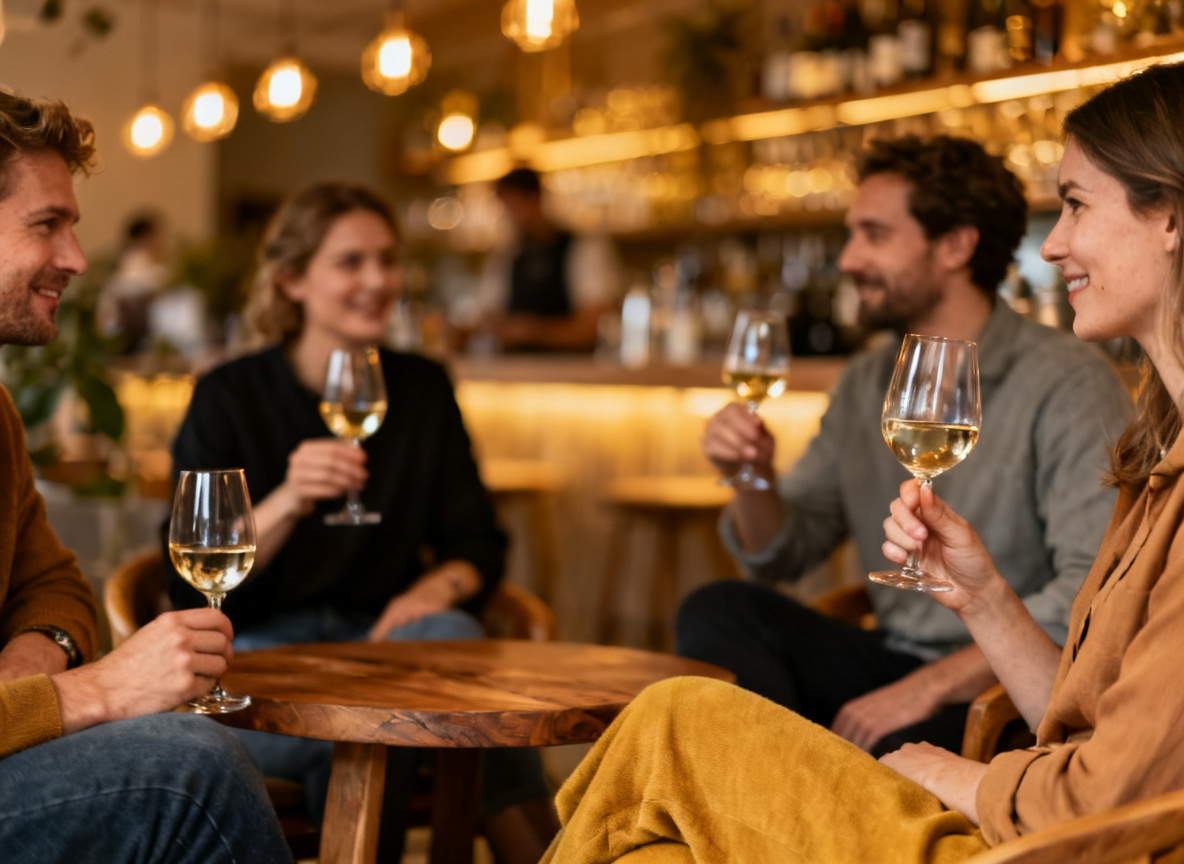 Gäste in einer gemütlichen Bar in Degerloch Stuttgart mit Weingläsern bei warmem Licht