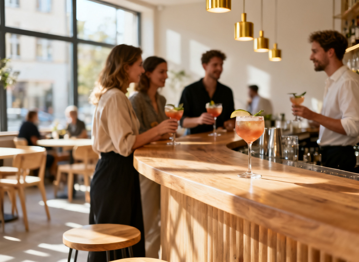 Feiernde Gäste in einer Bar an der Eberhardstraße Stuttgart mit Cocktails an der Theke