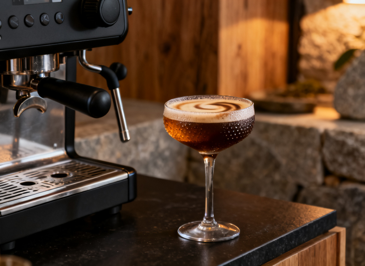 Espresso Martini auf einer dunklen Bartheke neben einer Espressomaschine, elegante Abendstimmung