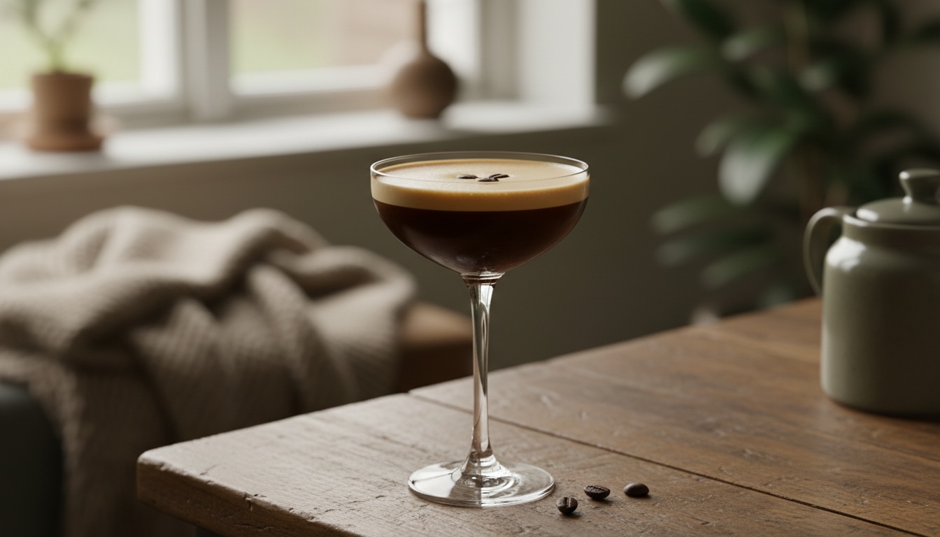 Espresso Martini Rezept im Cocktailglas mit feiner Crema und drei Kaffeebohnen als Garnitur
