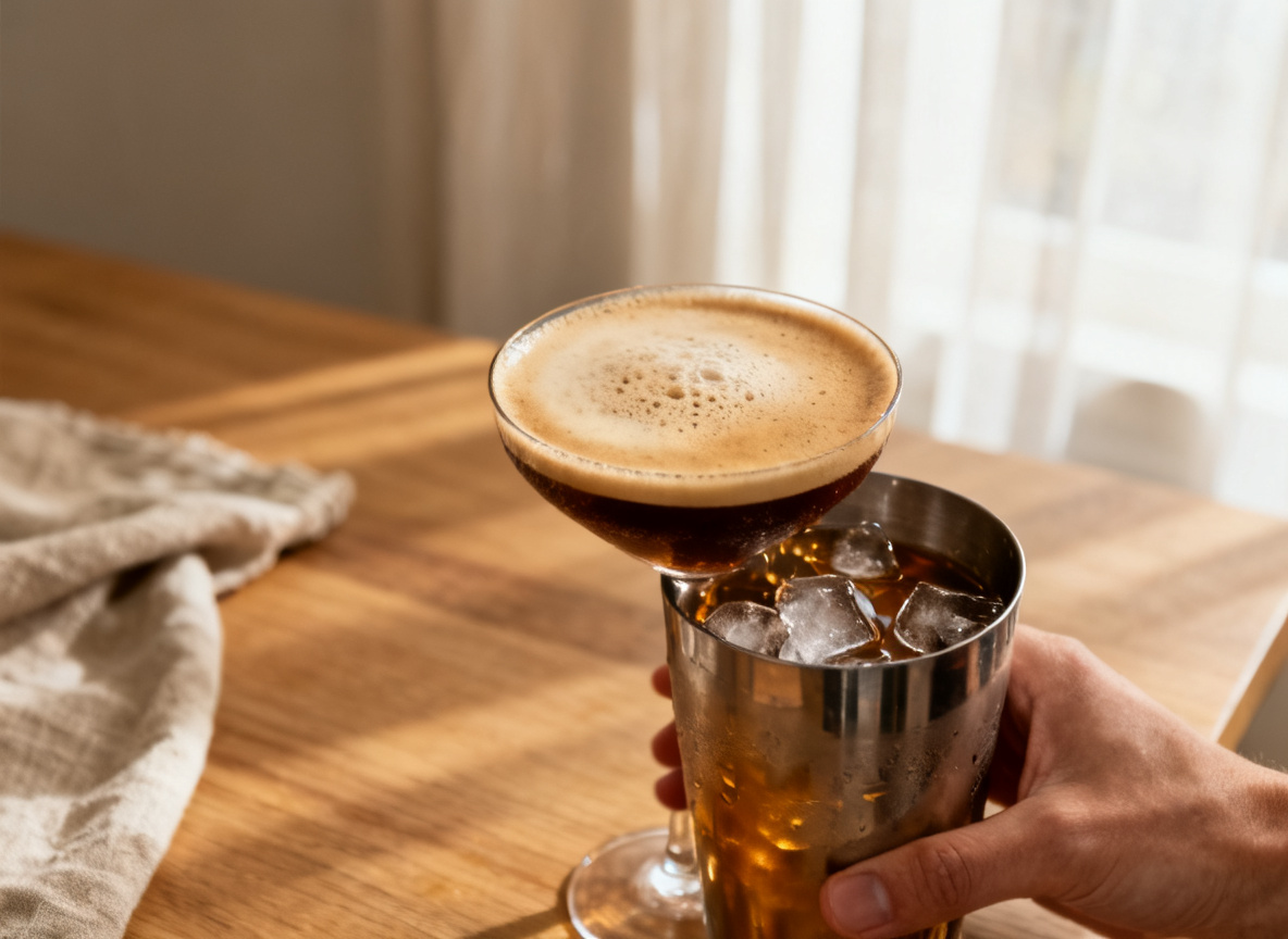 Espresso Martini wird kräftig im Shaker geschüttelt, um die feine Crema zu erzeugen