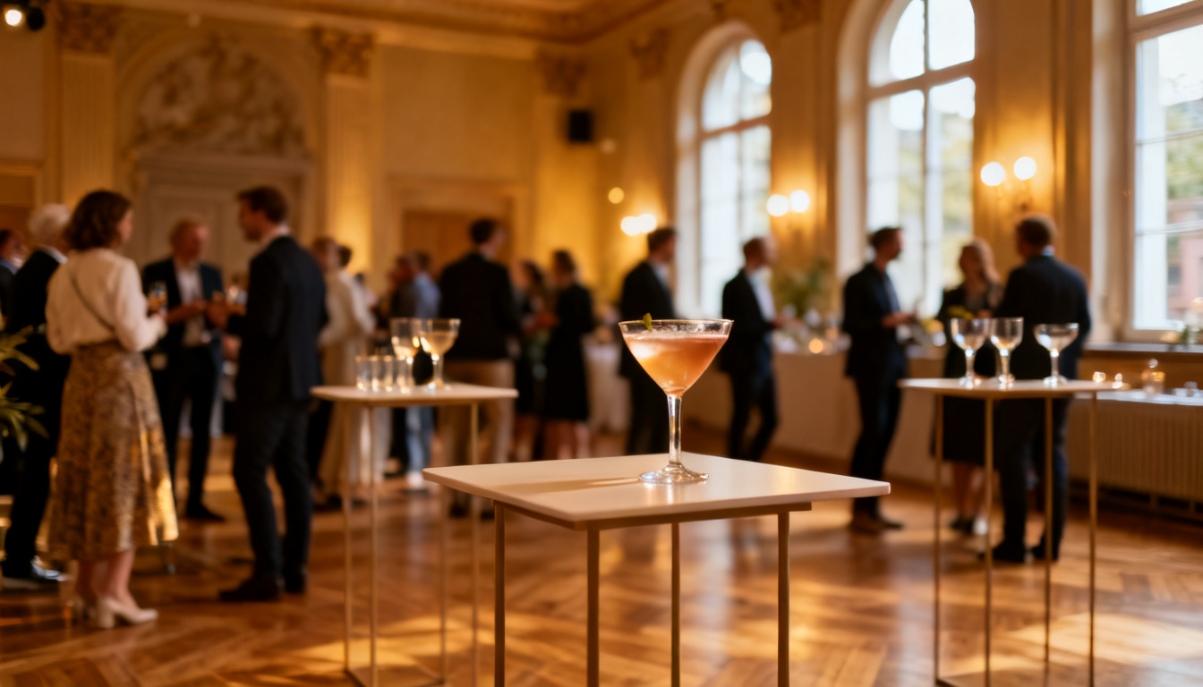Eventlocation und Eventraum in Stuttgart – denkmalgeschützter Festsaal mit Gästen und Cocktails im Huginn an der Calwer Straße