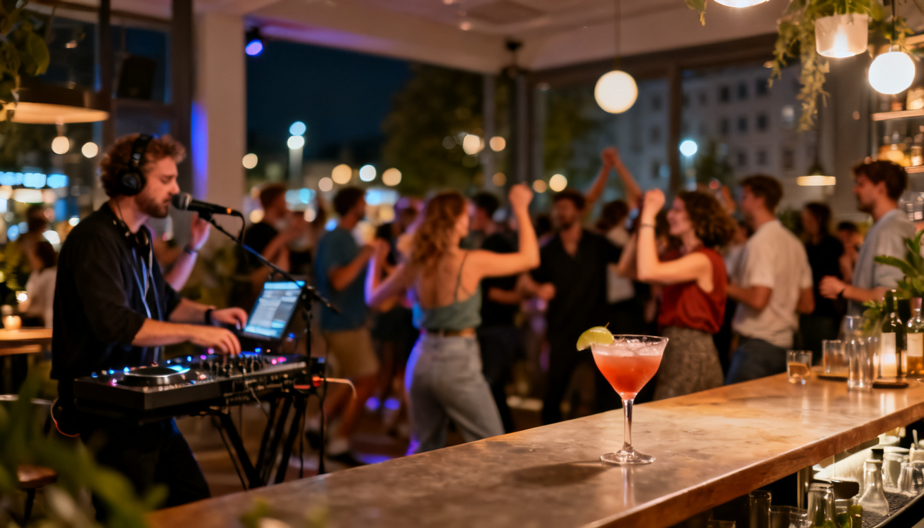 Feiern gehen in Stuttgart: Bar mit Live-DJ, tanzendem Publikum und Cocktails am Abend