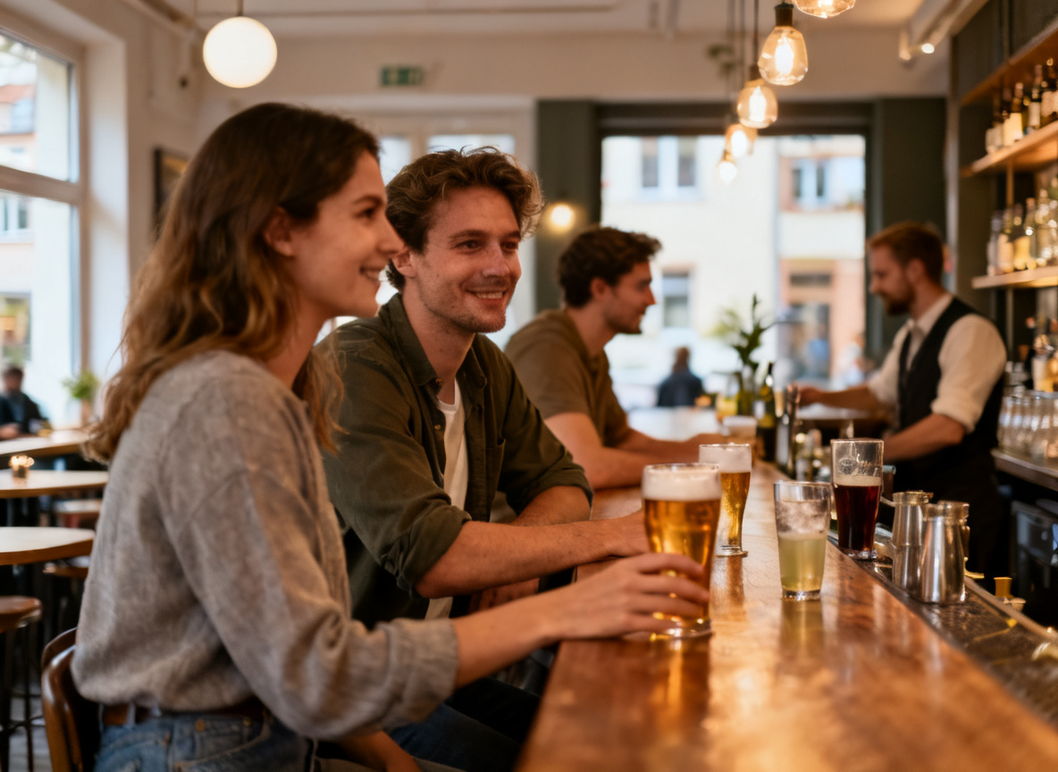 Gäste in einer Stadtteilbar in Stuttgart-Feuerbach mit Bier und Getränken an der Theke