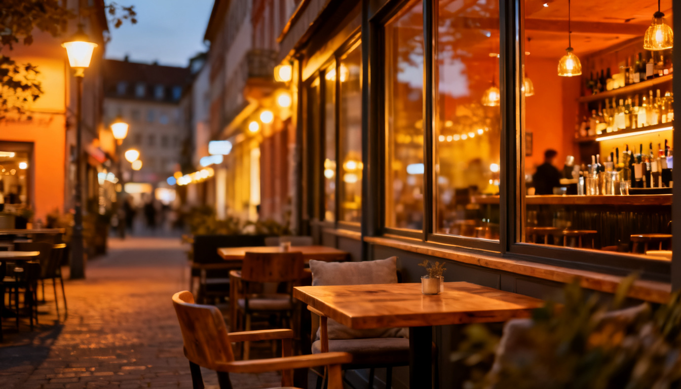 Bars in Stuttgart-Feuerbach – abendliche Straße im Stadtteilzentrum mit beleuchteten Lokalen
