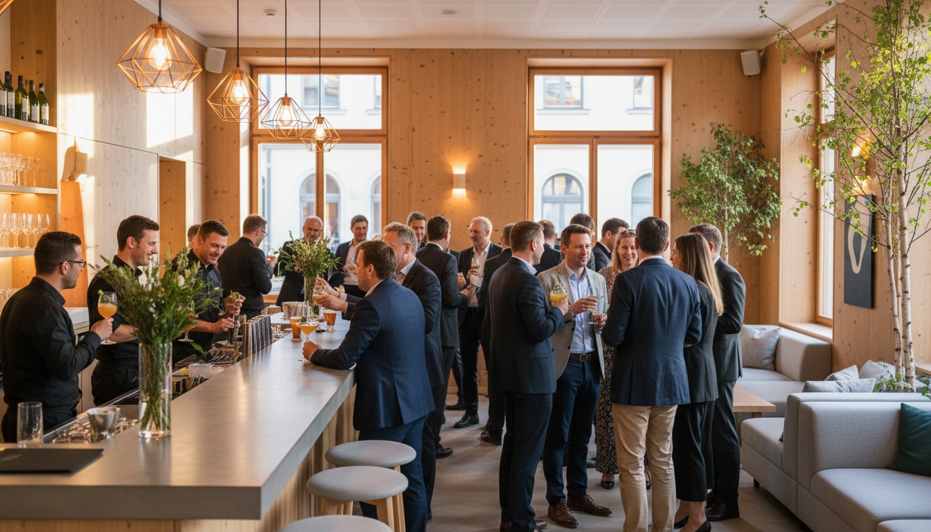 Firmenfeier-Location in Stuttgart – Team beim Empfang mit Cocktails im Eventraum des Huginn an der Calwer Straße