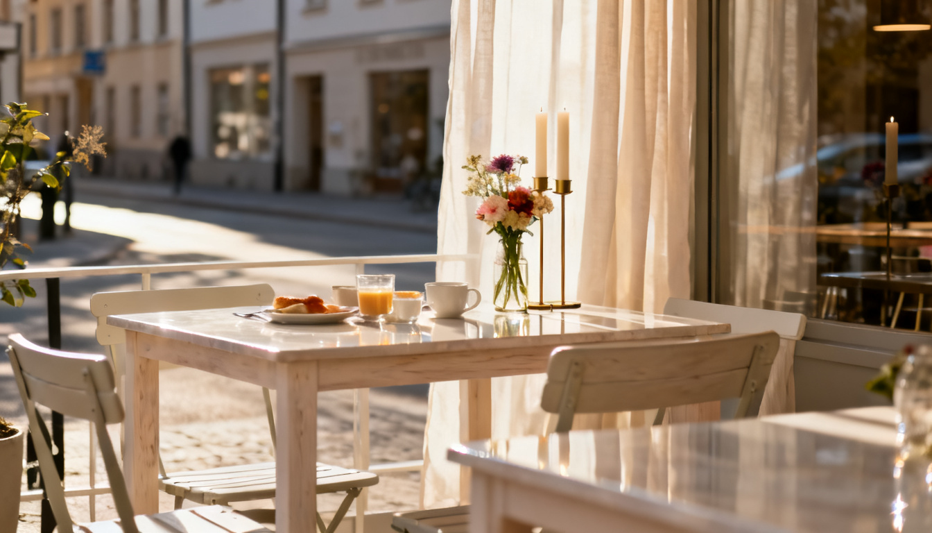 Frühstück Stuttgart mit Aussicht – Frühstückstisch im Außenbereich des Huginn mitten in der Calwer Straße