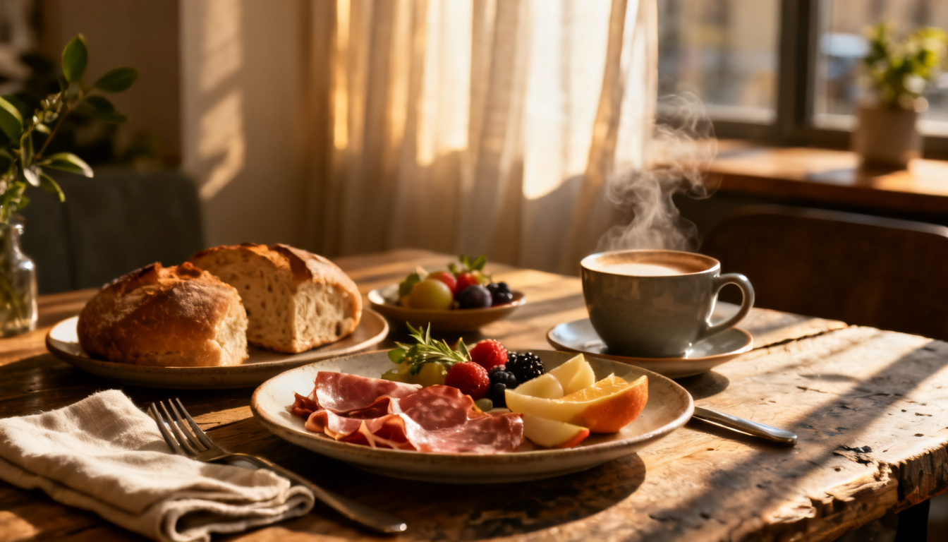 Frühstück in Stuttgart – reich gedeckter Frühstückstisch mit Kaffee im Huginn Café an der Calwer Straße