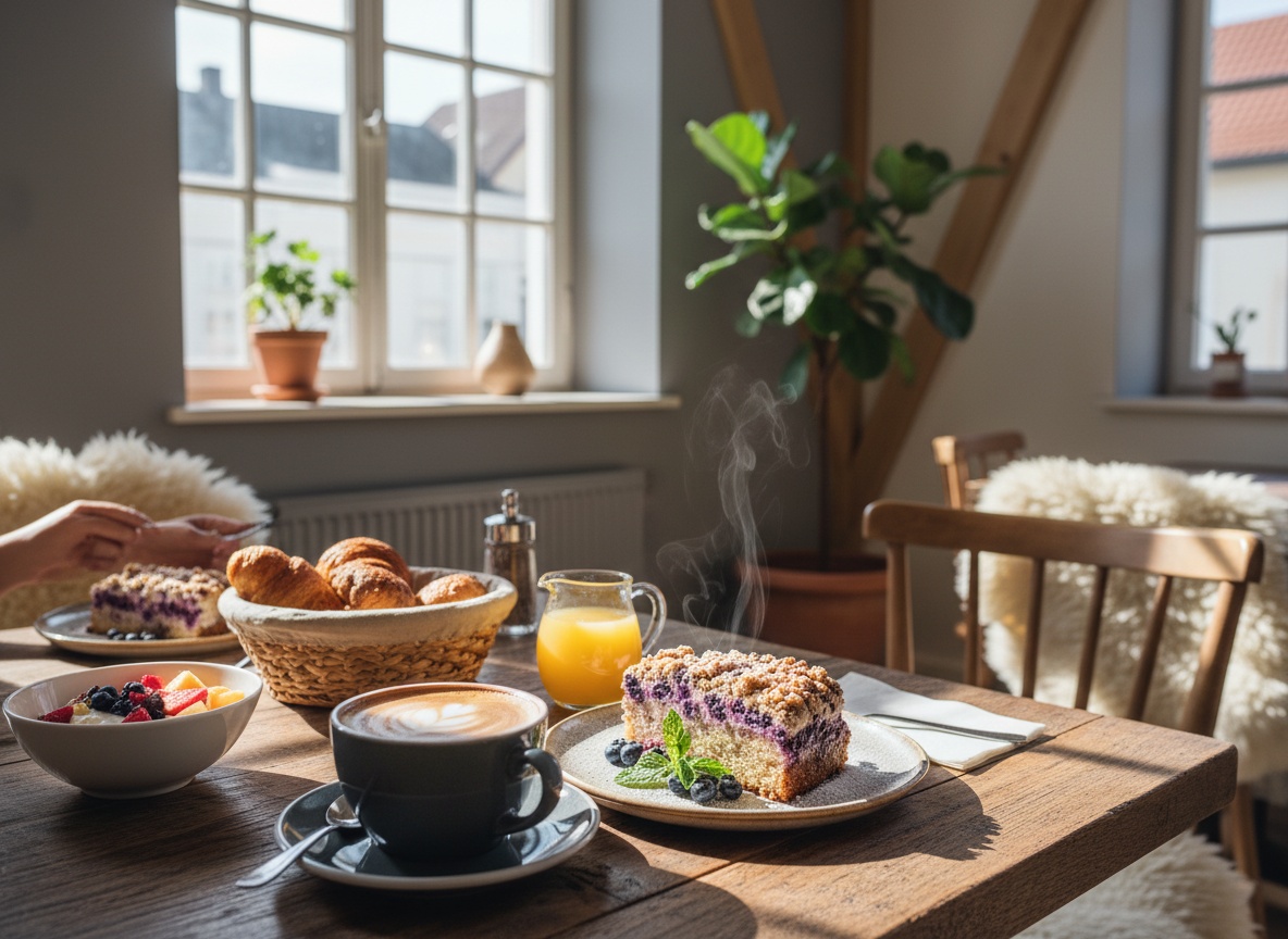 Aromatischer Kaffee und hausgemachter Kuchen beim Frühstück im Huginn Stuttgart