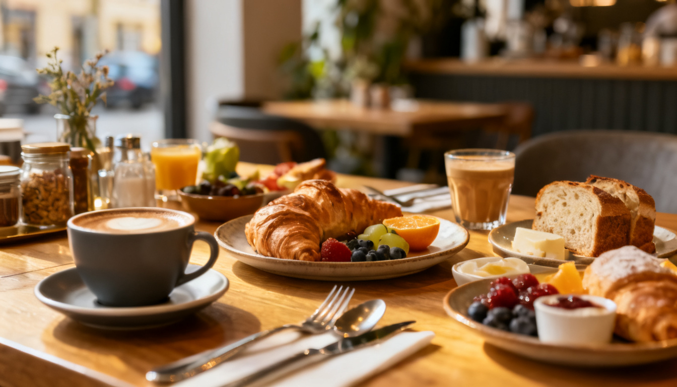 Frühstück Stuttgart-Mitte – reich gedeckter Frühstückstisch mit Kaffee im Huginn an der Calwer Straße