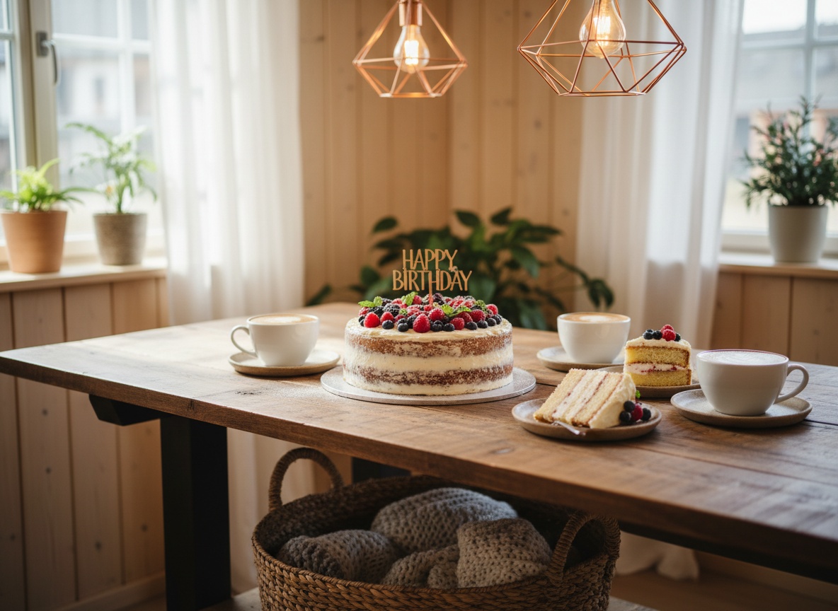 Hausgemachter Geburtstagskuchen und Kaffee für eine Kaffeetafel im Huginn Stuttgart