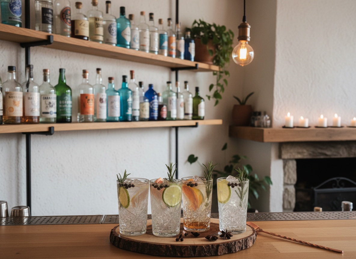Regal mit zahlreichen Gin-Flaschen hinter einer Bartheke, mehrere Gin Tonics im Vordergrund