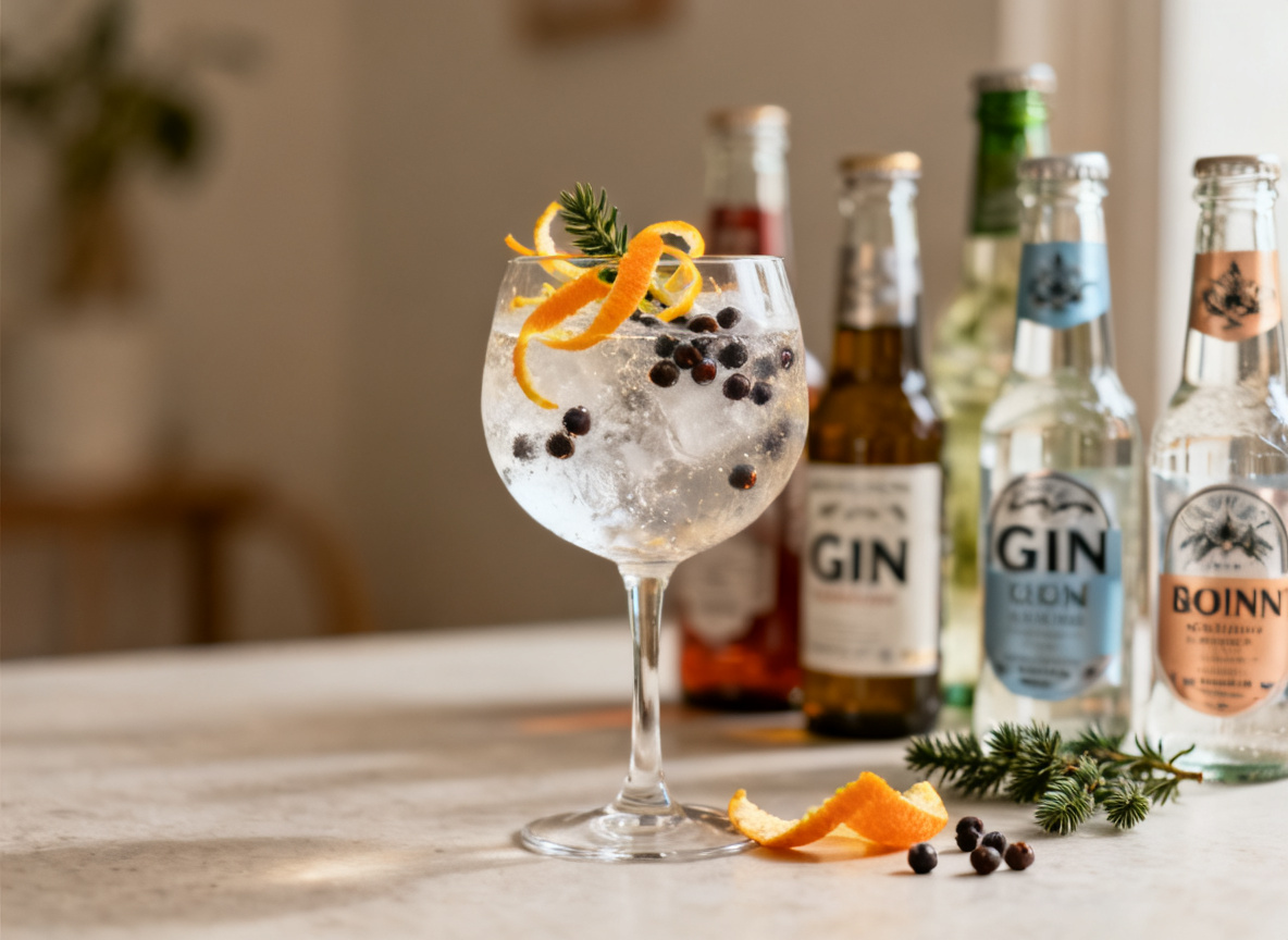 Gin Tonic wird mit Zitruszeste und Wacholderbeeren garniert, verschiedene Tonic-Sorten im Hintergrund