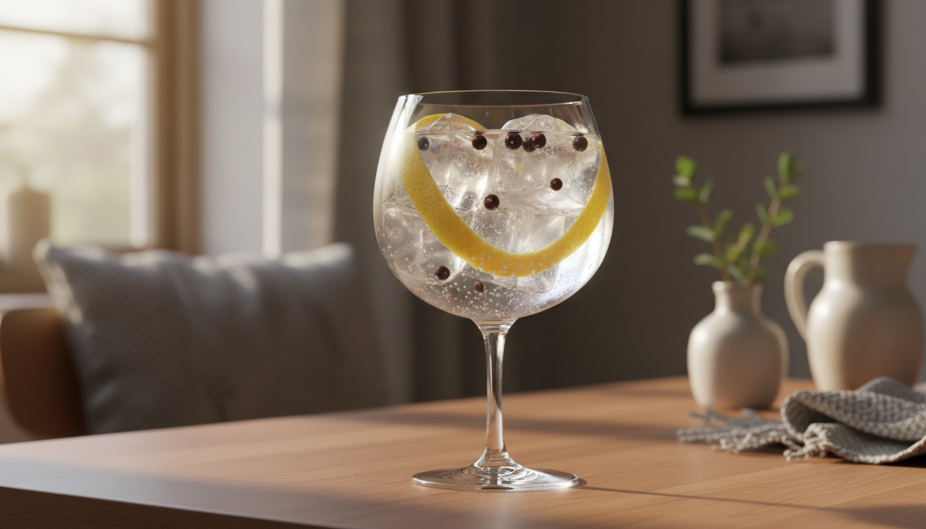 Gin Tonic Rezept im Copa-Glas mit klaren Eiswürfeln, Wacholderbeeren und Zitruszeste