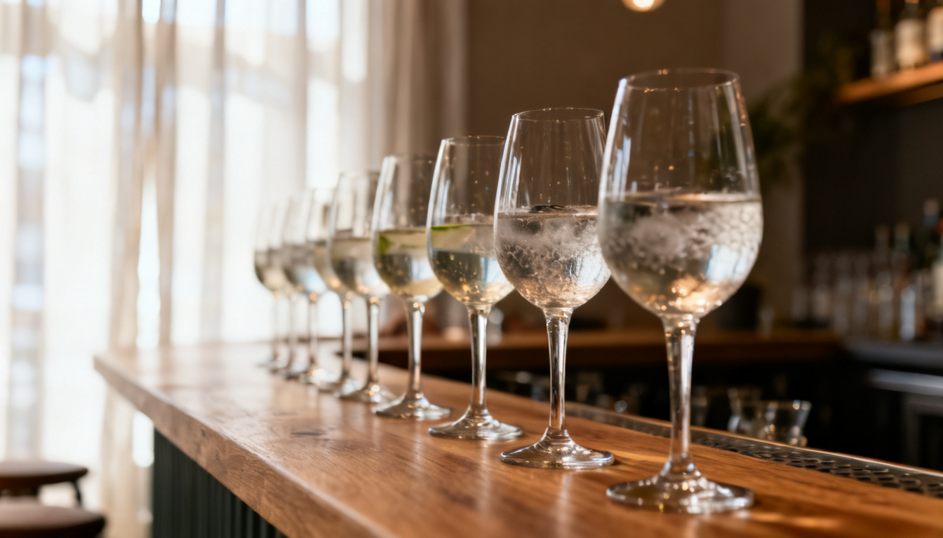 Gin Tasting Stuttgart – Reihe von Gin-Gläsern bei einer geführten Verkostung im Huginn an der Calwer Straße