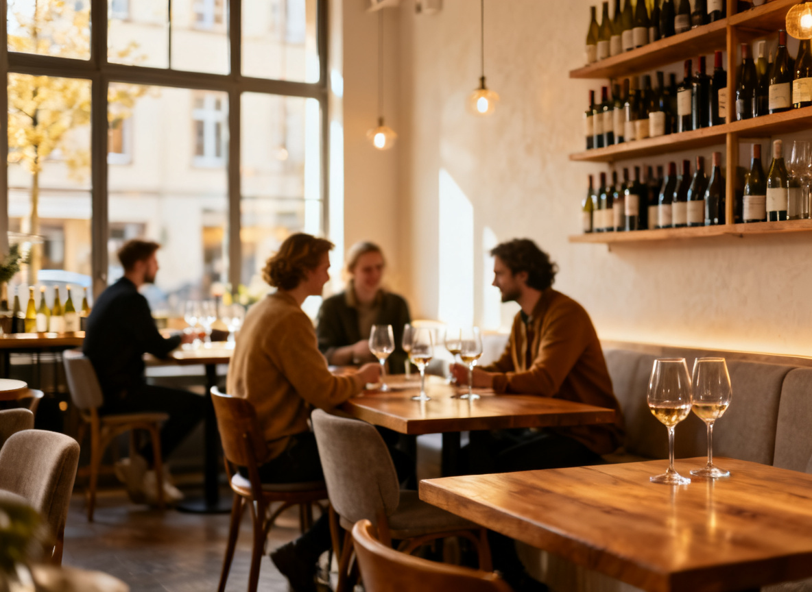 Gemütliche Weinbar im Heusteigviertel Stuttgart mit Gästen und Weingläsern bei warmem Licht