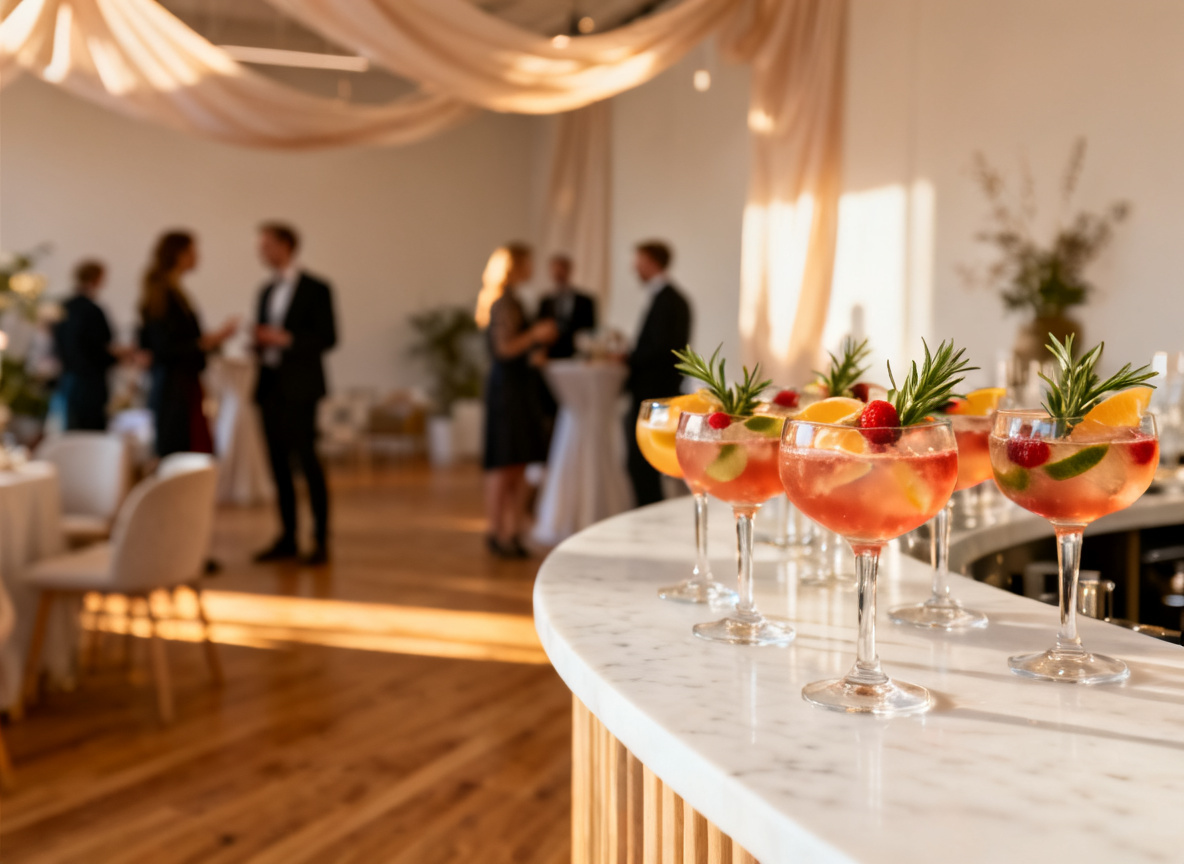 Sektempfang mit Signature-Cocktails bei einer Hochzeit im Eventraum des Huginn Stuttgart