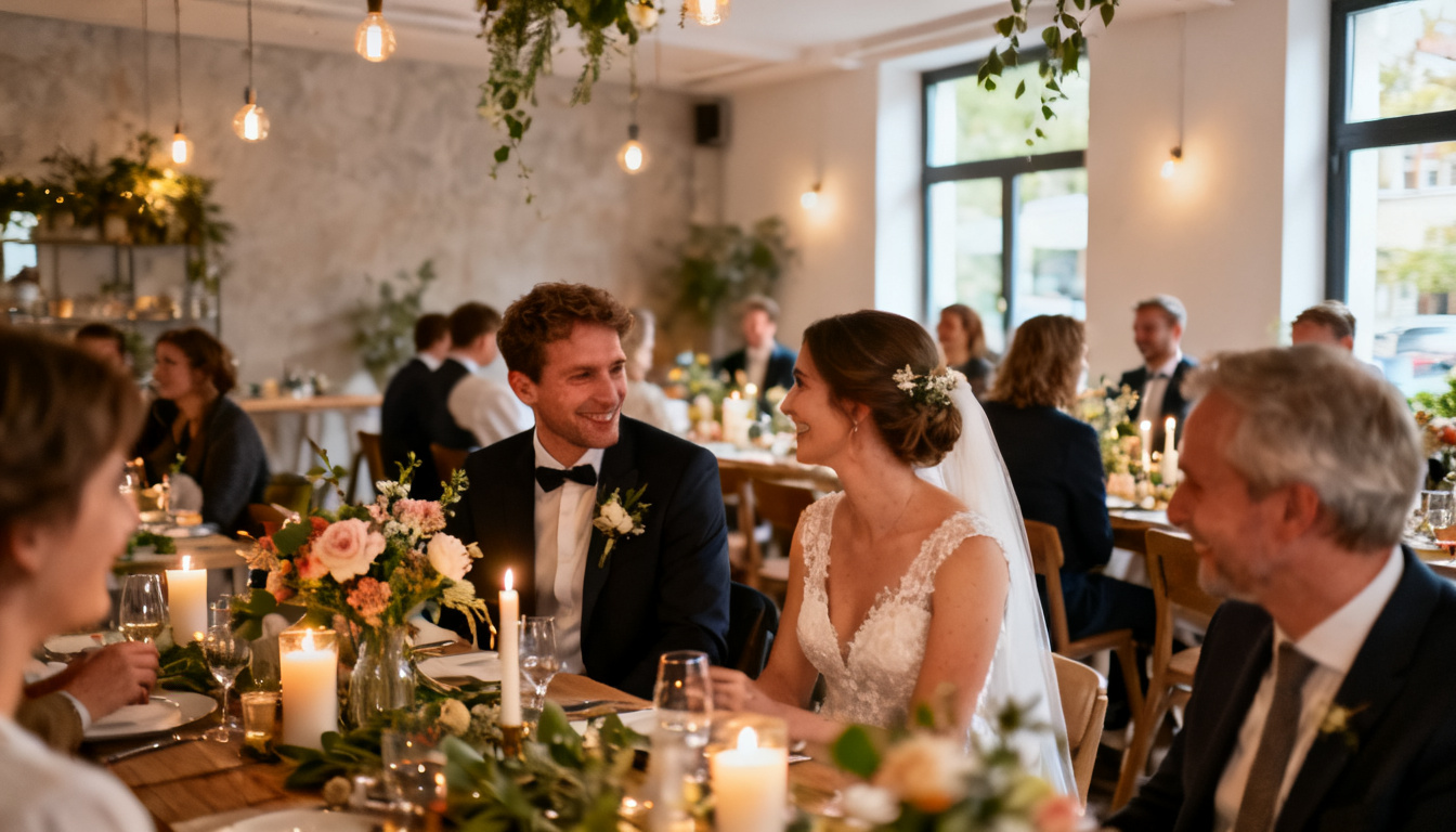 Hochzeit feiern in Stuttgart – festlich dekorierter Eventraum mit Brautpaar und Gästen im Huginn an der Calwer Straße