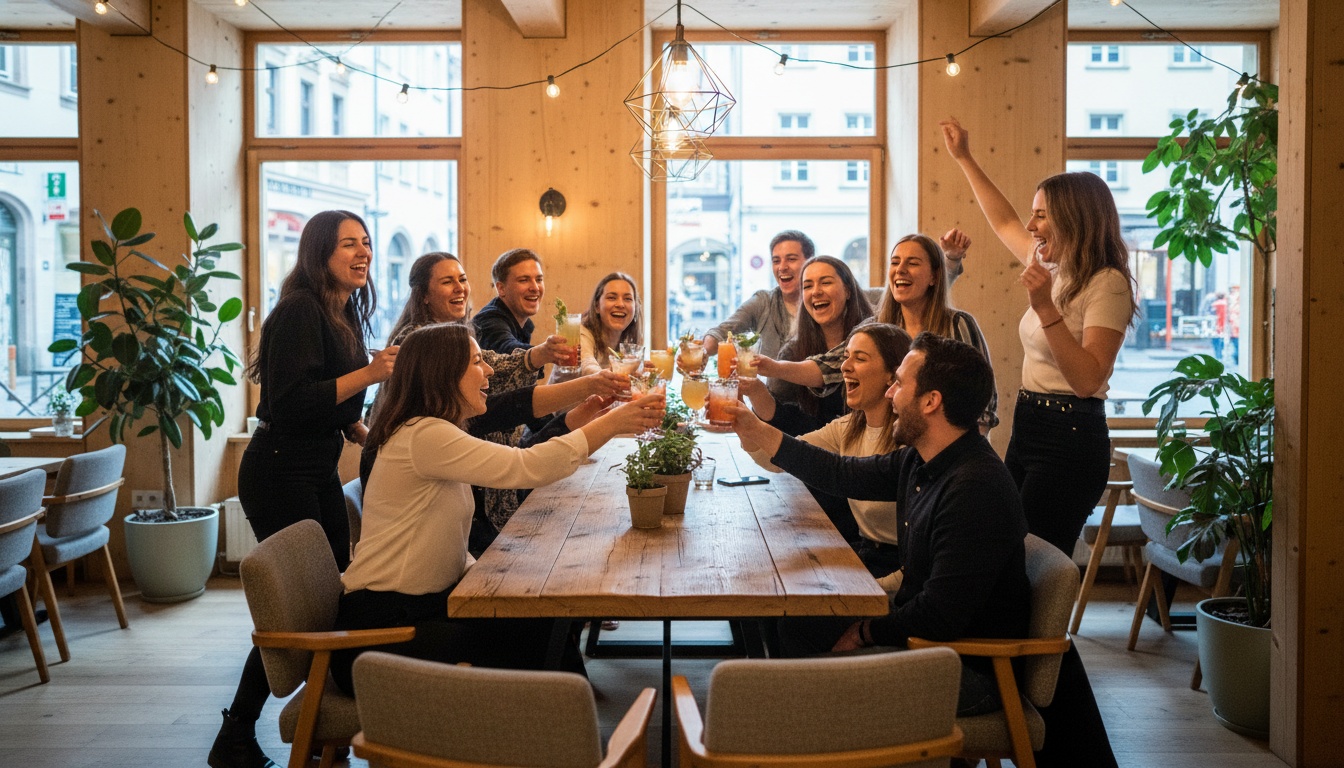 JGA in Stuttgart – feiernde Gruppe mit Cocktails im Eventraum des Huginn an der Calwer Straße