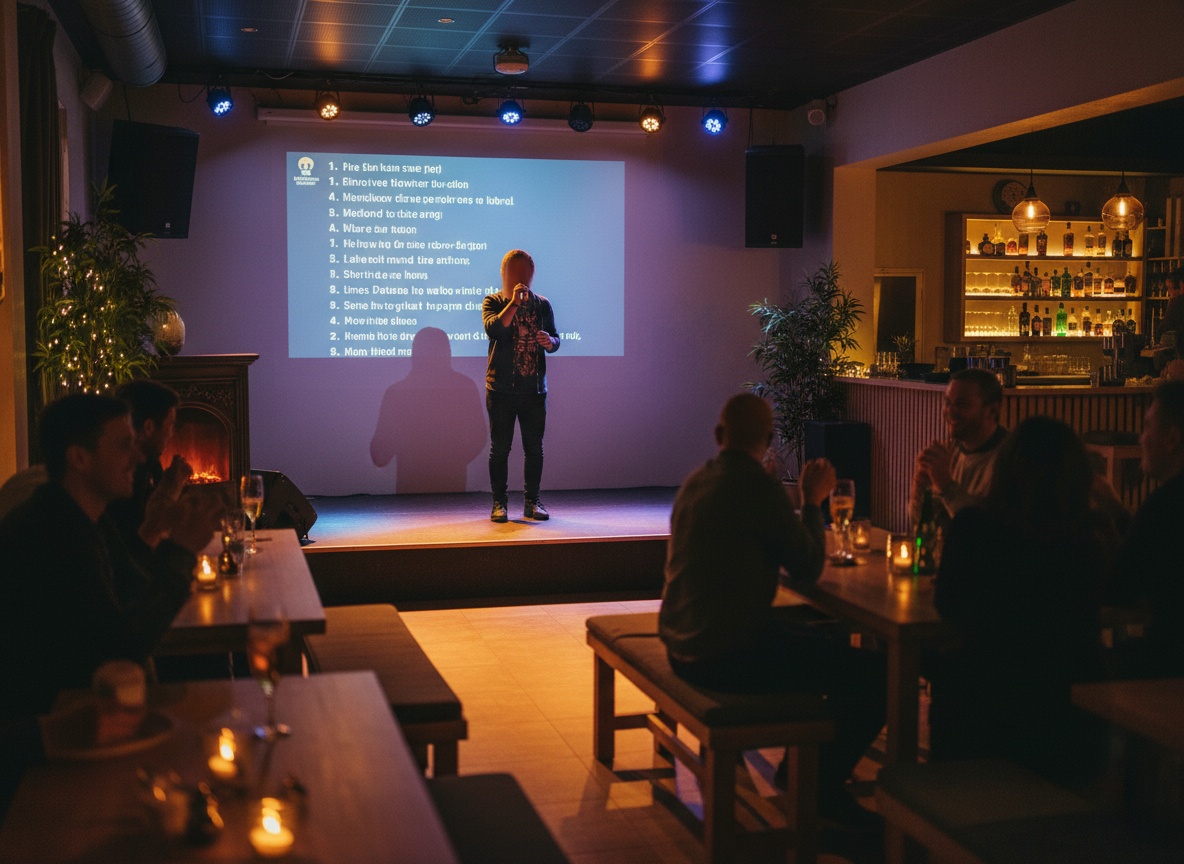 Karaoke Bar in Stuttgart mit Mikrofon, Bühnenlicht und Songtext auf einem Bildschirm