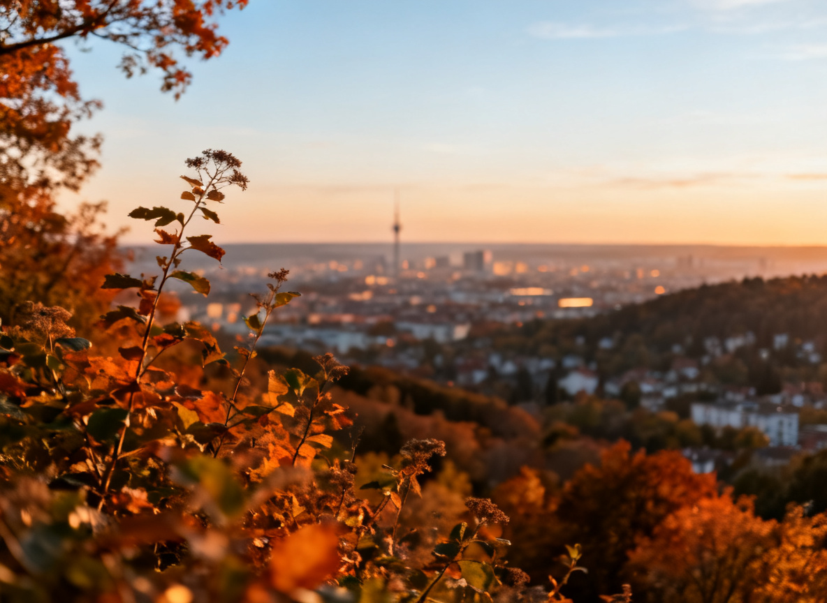 Abendstimmung am Killesberg in Stuttgart-Nord mit Blick Richtung City