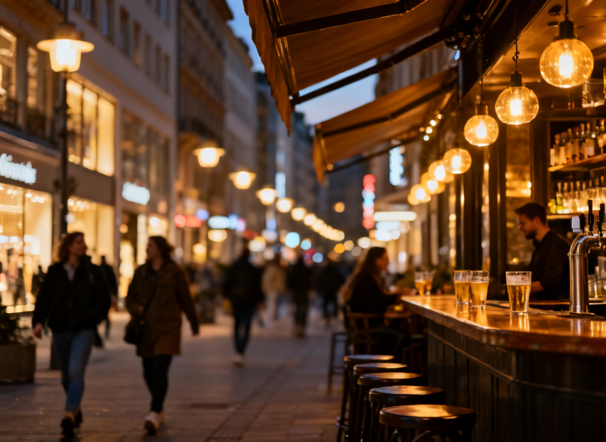 Bars an der Königstraße Stuttgart am Abend mit beleuchteter Einkaufsmeile und Passanten