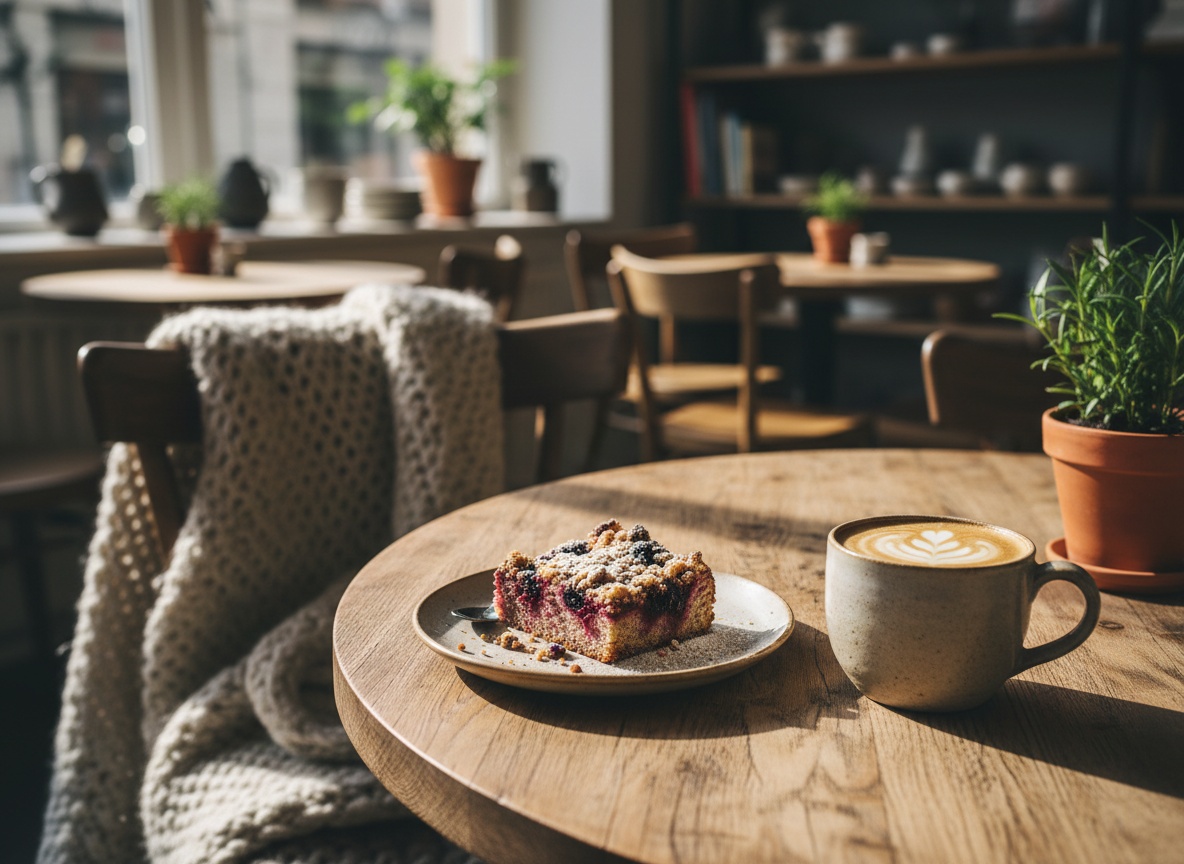 Hausgemachter Kuchen und Cappuccino auf einem gemütlichen Tisch im Huginn Stuttgart