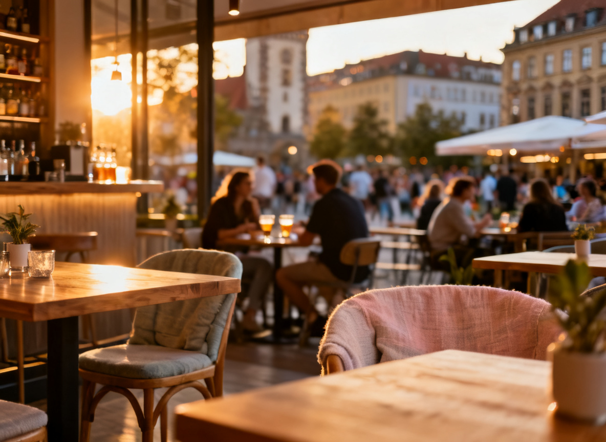 Bars am Marienplatz Stuttgart-Süd mit belebten Außenbereichen und Menschen am Abend